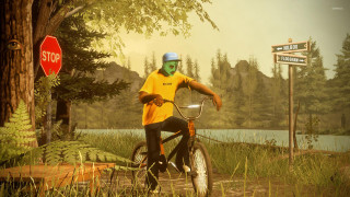 Man yellow shirt biking wooded - ultra realistic face free wallpaper