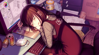 Woman sitting computer desk laptop - the desk free wallpaper