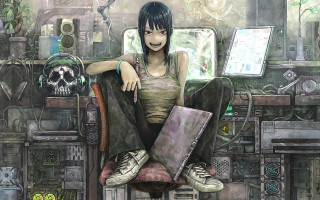 Woman chair laptop skull wall - the desk free wallpaper