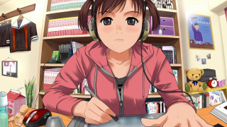 Woman sitting desk headphones laptop - artgerm free wallpaper