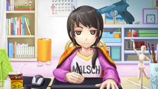 Girl sitting desk gun laptop - a girl sitting free wallpaper