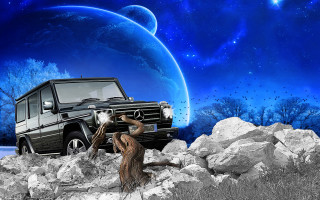 Black white mercedes space art - matte painting free wallpaper
