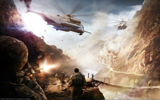 Soldiers mountain helicopter river bridge - a group of soldiers free wallpaper