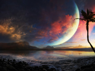 Sunset palm tree mountain background - a painting of a sunset free wallpaper