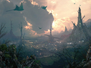 City sky trees bushes painting - a painting of a city free wallpaper for desktop