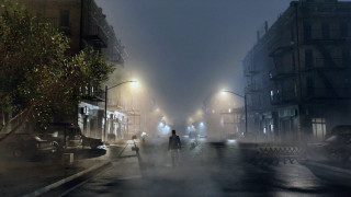 Foggy street night people walking - volumetric fog free wallpaper