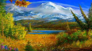 Mountain lake trees bird painting - a lake and trees free wallpaper
