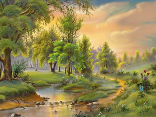River forest trees flowers painting - a painting of a river free wallpaper