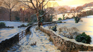 Snowy landscape tree fence dog - kinkade free wallpaper