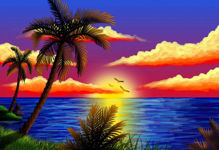 Sunset tropical beach palm trees - over the water free wallpaper for desktop