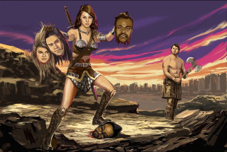 Woman sword men standing behind - behind her free wallpaper