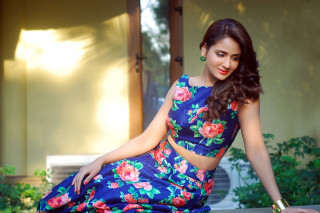 Woman floral dress sitting on - contemporary free wallpaper