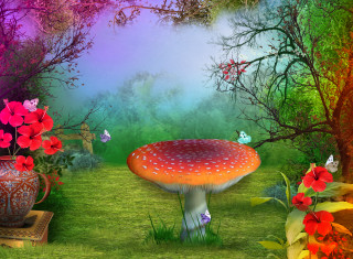 Mushroom garden flowers butterflies painting - flower and butterflies free wallpaper