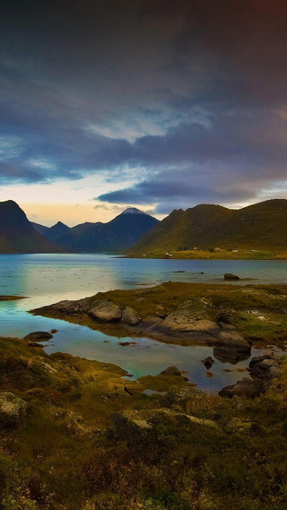 Lake mountains cloudy sky rocks 5 - free landscape wallpaper for mobile