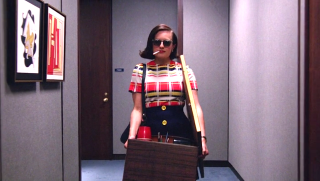 Woman suit sunglasses suitcase hallway - another room free wallpaper