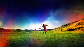 Man field stick rainbow clouds - david lachapelle free wallpaper