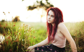 Woman red hair field grass 3 - a field of grass free wallpaper for desktop
