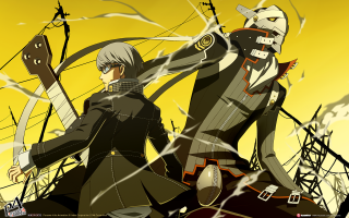 Anime characters swords yellow background 2 - a yellow background behind them free wallpaper