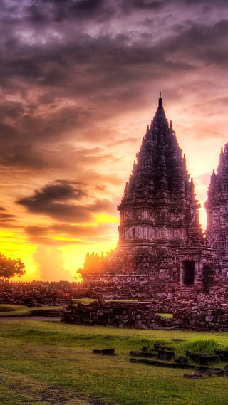 Stone clock tower sunset park - free architecture wallpaper for mobile