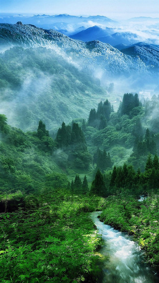 Mountain valley stream fog painting - choi buk free wallpaper for mobile