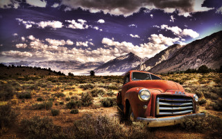Old truck field mountains clouds - a mountain range in the background free wallpaper for desktop