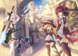 Anime girls stairway castle clock - a group of anime girls free wallpaper