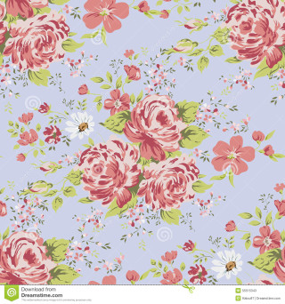 Pink roses green leaves blue - a floral pattern free wallpaper