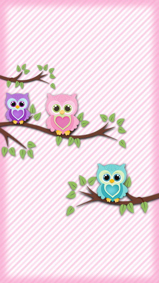 Three owls branch leaves pink - realistic free wallpaper for mobile