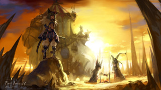 Woman rock castle statue sword - a rock in front free wallpaper for desktop