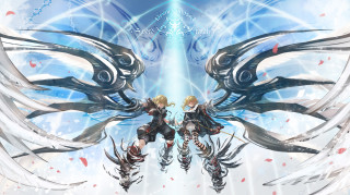 Anime characters wings standing next - their back free wallpaper