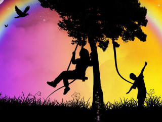 Person swinging rope rainbow sky - free anime wallpaper for desktop