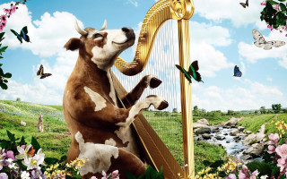 Cow playing harp field flowers - ecological art free wallpaper