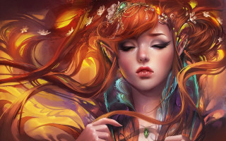 Woman red hair crown butterfly - a butterfly free wallpaper