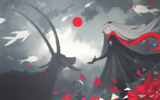 Woman black dress red white - fish free wallpaper for desktop