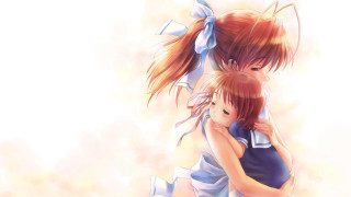 Anime girls hugging sky background 2 - a sky background behind them free wallpaper