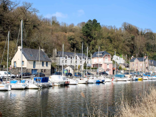 Boats docked harbor houses trees - thierry doizon free wallpaper for desktop