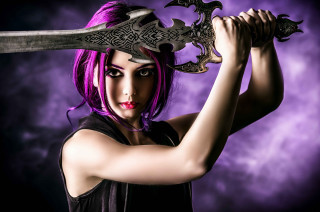 Woman purple hair sword black - purple hair holding free wallpaper