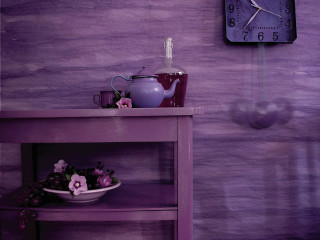 Purple shelf clock vase purple - volumetric lighting free wallpaper