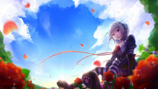 Anime girl flower field sky - a flower free wallpaper for desktop