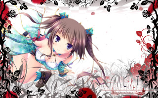 Anime girl blue dress red - her neck and chest free wallpaper