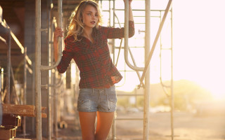 Woman plaid shirt denim shorts 2 - free vintage wallpaper