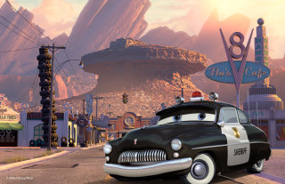 Cartoon car driving mountain range - the street in front free wallpaper