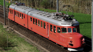 Red train green field forest - track next free wallpaper
