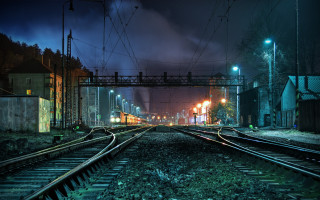 Train track night cityscape bridge - atmospheric lighting free wallpaper for desktop