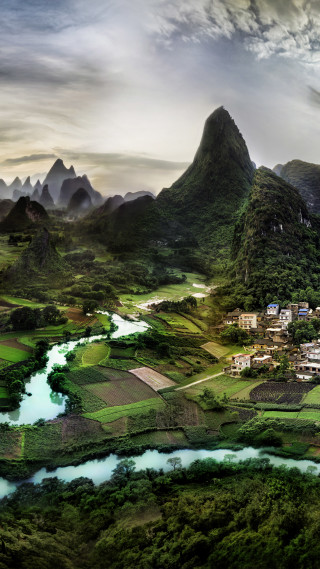 Scenic mountain range river town - free landscape wallpaper for mobile