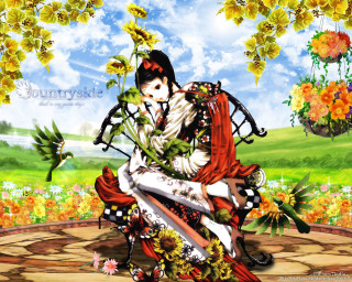 Woman bench flowers lap bird - over her free wallpaper