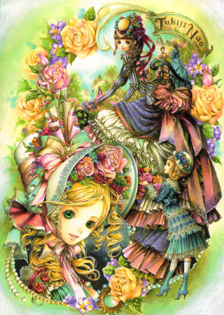 Girl flowers hat cat painting - a painting of a girl free wallpaper