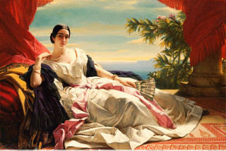 Woman couch red curtains tree - eva gonzalès free wallpaper