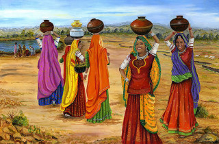 Women carrying pots painting artwork - a watercolor painting free wallpaper