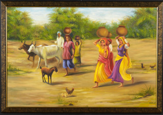 People walking field animals man - canvas painting free wallpaper